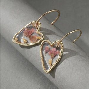 14K Gold Plated Heart Earrings with Pink Floral Resin Inlay Design